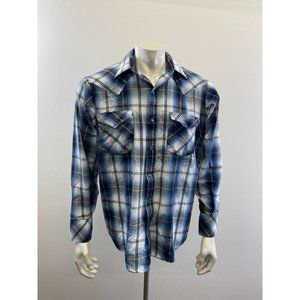 Red Rider Western Shirt Men's Size Large Blue White Plaid Cotton Blend Long Slee